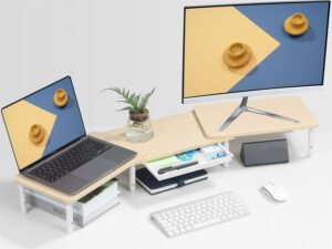 Monitorstandaard met Telefoonhouder – Verstelbare Monitorverhoger voor Bureau – Ruimtebesparend Rek – Kantooraccessoire