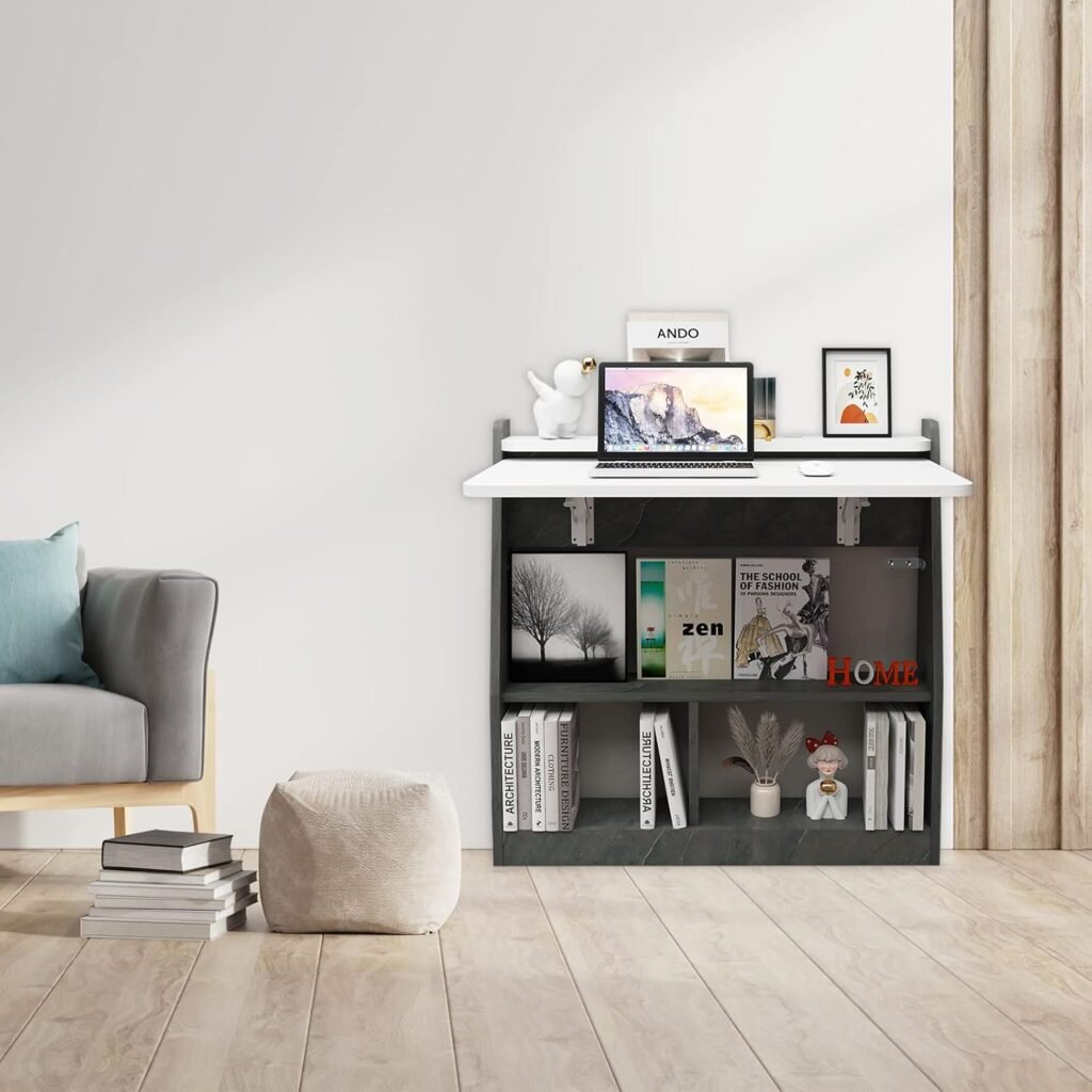 Opvouwbaar wandbureau grijs-wit 78 cm met deurtje, planken en opbergruimte voor de thuiswerkplek