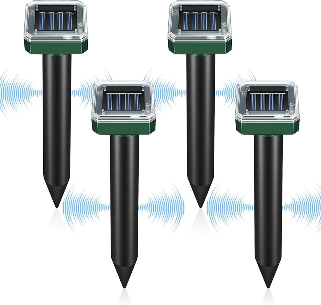Ultrasone mollenverjager set van 4, waterdichte IP65 muizenverjager voor tuin en gazon