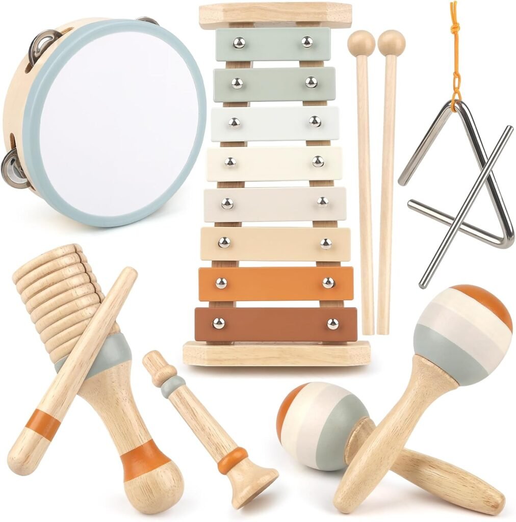 Houten drumstel voor kinderen 8-in-1, educatieve Montessori muziekinstrumenten set voor kinderen van 2 tot 5 jaar