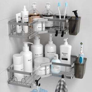 Doucheplank Zonder Boren 2 Stuks – Zelfklevende Hoekplank met 4 Haken – Badkamer Organizer – Zwart RVS Douchemandje