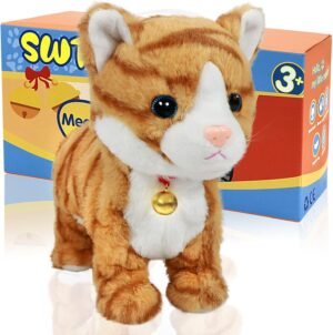 Interactieve gele robotkat van pluche met geluid en geanimeerde bewegingen, elektronisch kattenspeelgoed voor kinderen