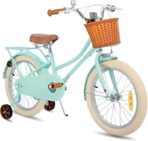 Kinderfiets met zijwieltjes en mand – Beginnersfiets voor jongens en meisjes – Groene en roze kinderfiets – 12, 14, 16 en 18 inch voor kinderen van 2 tot 9 jaar