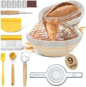 9-delige rijsmand set met ovale broodrijsmand van 25 cm, ronde rijsmand van 23 cm en broodbakaccessoires