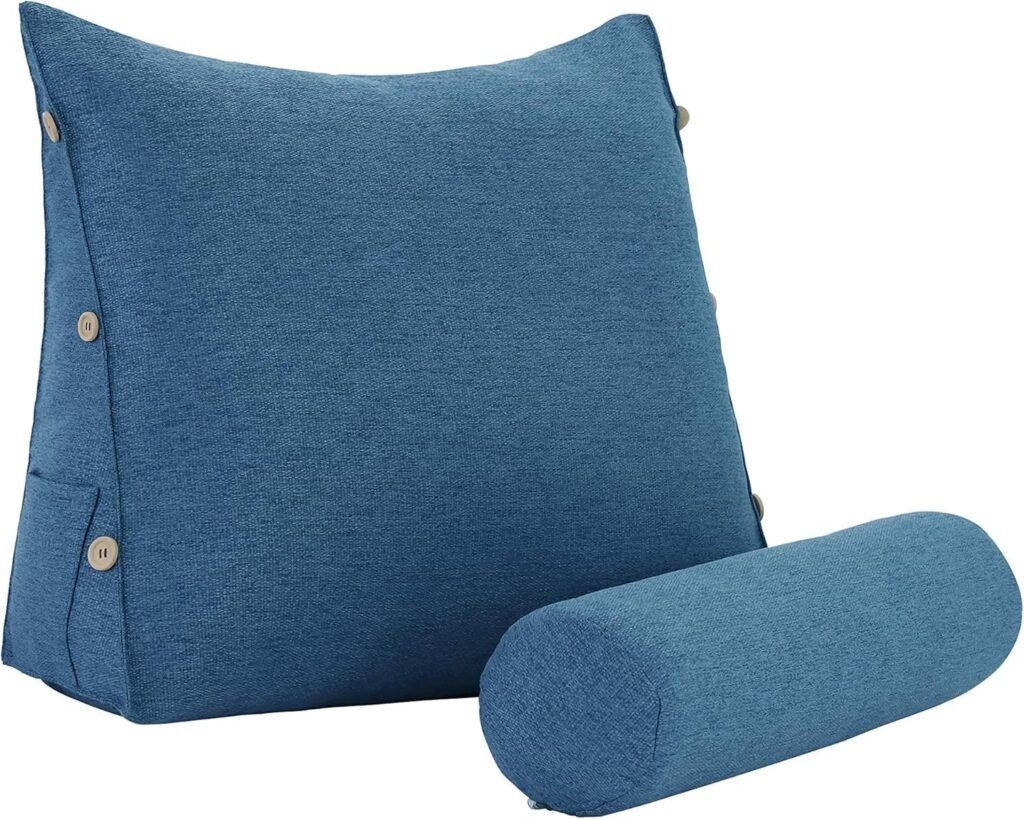 Blauw ergonomisch leesrugkussen voor volwassenen met lendensteun, afneembare hoes en zijvakken voor bed en bank