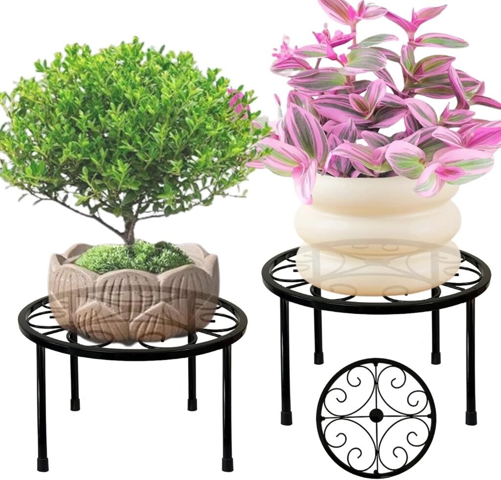 Set van 2 ronde metalen plantenstandaards van 25 cm in retro design voor binnen en buiten