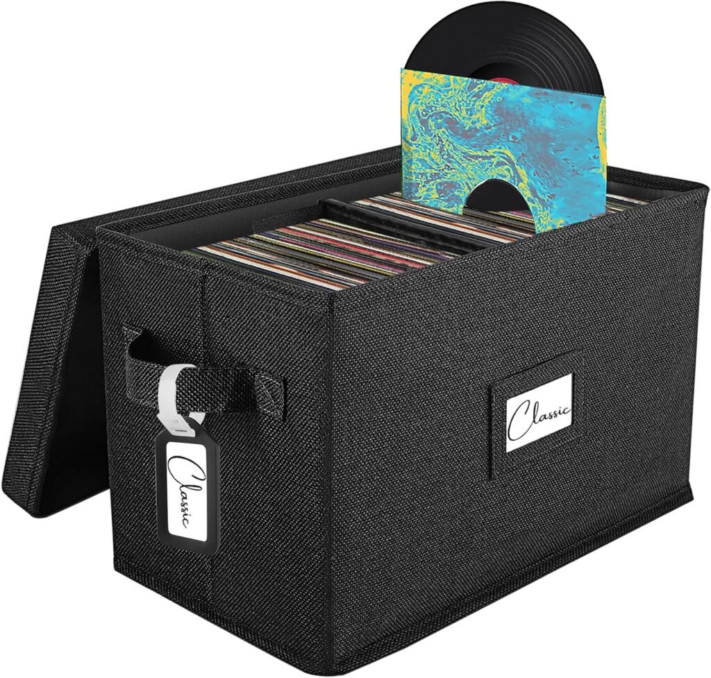 Zwarte vinyl platen opbergbox met deksel en handvat, geschikt voor 80 vinylplaten van 7 inch (45 RPM)