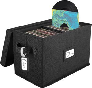 Vinyl Platen Opbergbox voor 80 Albums – LP Opbergdoos met Deksel – Opvouwbare Platenhouder met Handvat – Zwart, Geschikt voor 7-inch 45 RPM Platen