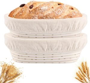 Rijsmand Set 2 Stuks Rond Ø 25 cm met Linnen Deksel – Broodrijsmanden voor Brooddeeg – Gistvormen voor Zelfgebakken Brood