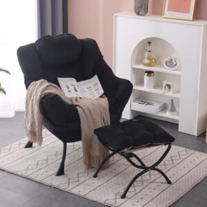 Lounge Stoel met Voetenbankje – Comfortabele Fauteuil met Armleuningen en Zijvak – Gestoffeerde Leesstoel voor Ontspanning en Kleine Ruimtes