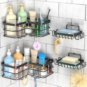 Zelfklevende Doucheplank Set van 4 – RVS Badkamer Organizer met Zeephouder – Douche Rek Zonder Boren – Wandmontage met Grote Opbergruimte