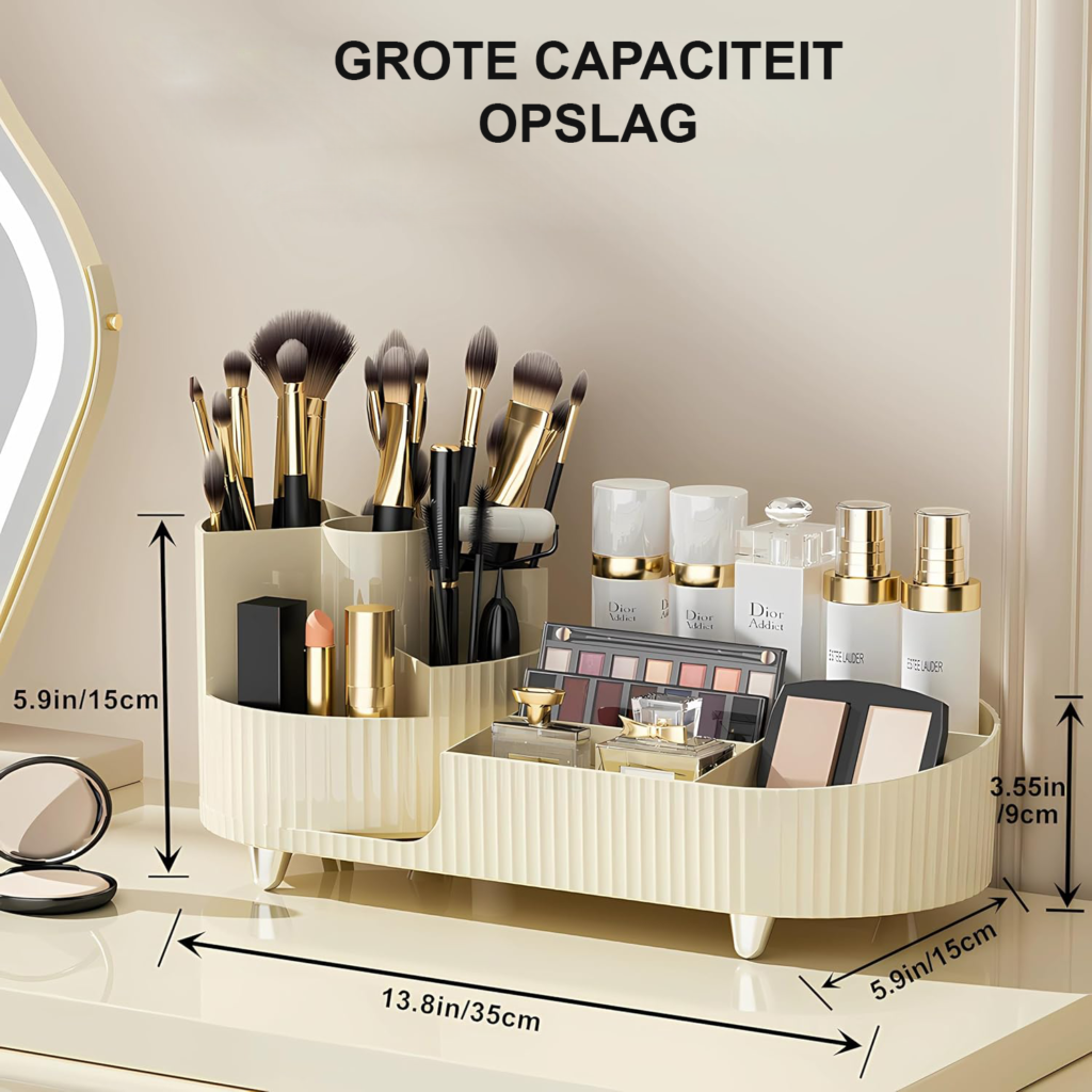 Make-up Organizer met 360° Rotatie - 2-in-1 Cosmetica Opberger - Make-up en Skincare Organiser met Compartimenten - Beige