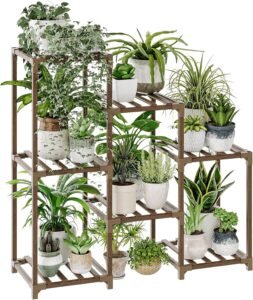 Plantenstandaard Hout 3-Laags – Plantenrek voor Binnen en Buiten – Ladder Plantenhouder voor 7 Bloempotten – Voor Balkon, Tuin en Terras
