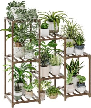 Houten plantenstandaard 3 laags voor binnen en buiten met ruimte voor 7 bloempotten, geschikt voor tuin, balkon en terras