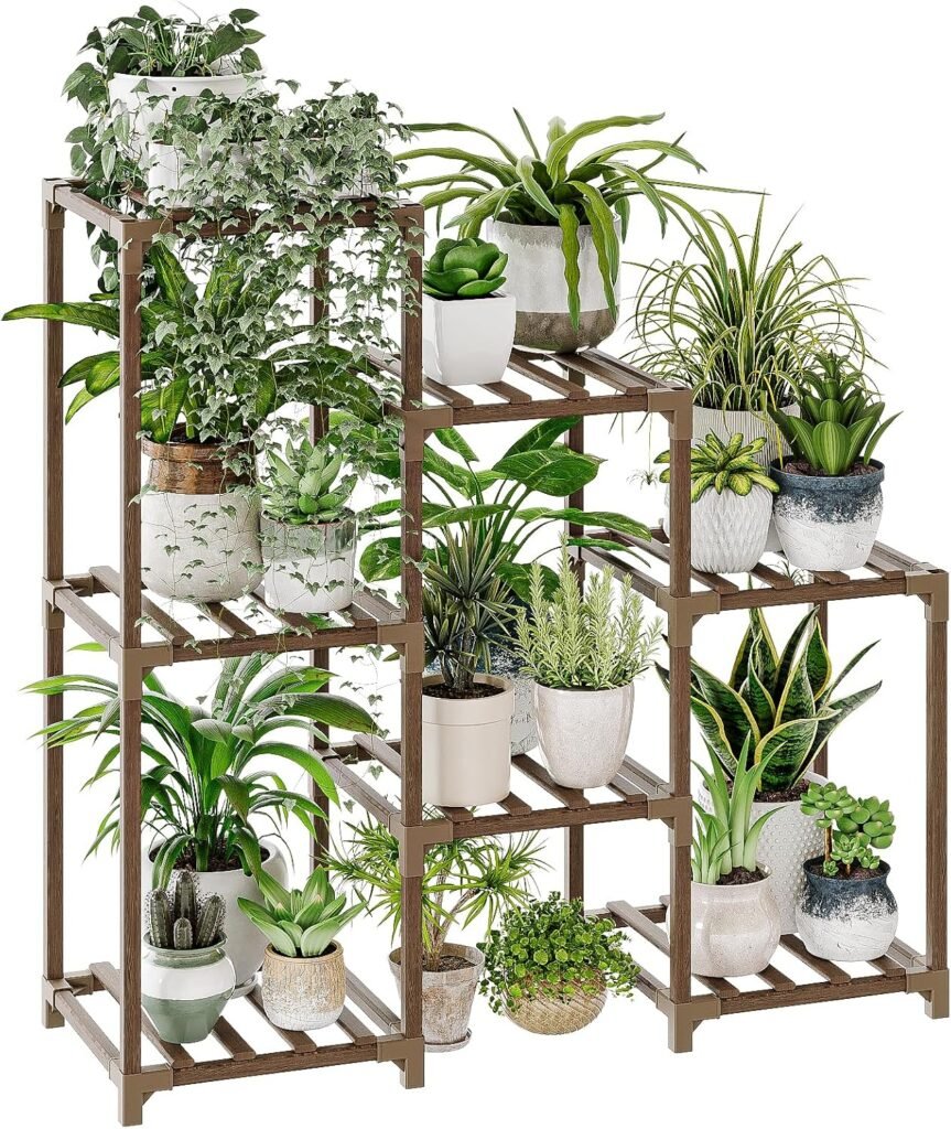 Houten plantenstandaard 3 laags voor binnen en buiten met ruimte voor 7 bloempotten, geschikt voor tuin, balkon en terras