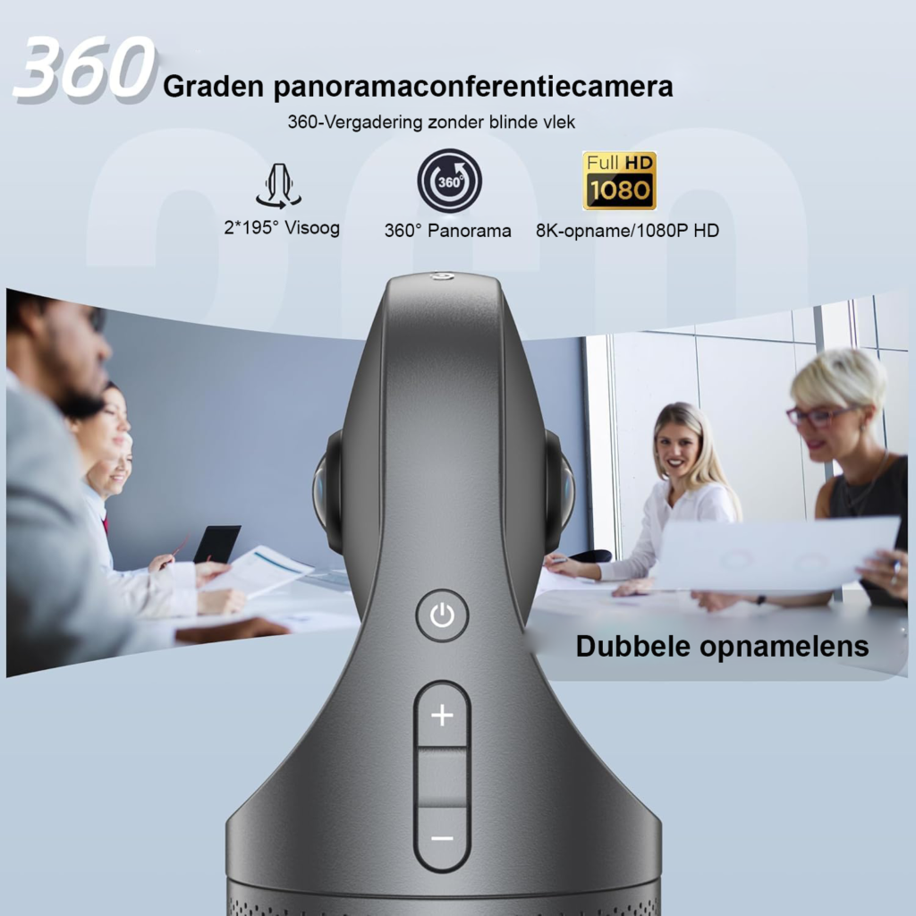 360 graden vergadercamera met automatische sprekerfocus, intelligente zoom en geïntegreerde video- en audiofunctie voor vergaderruimtes