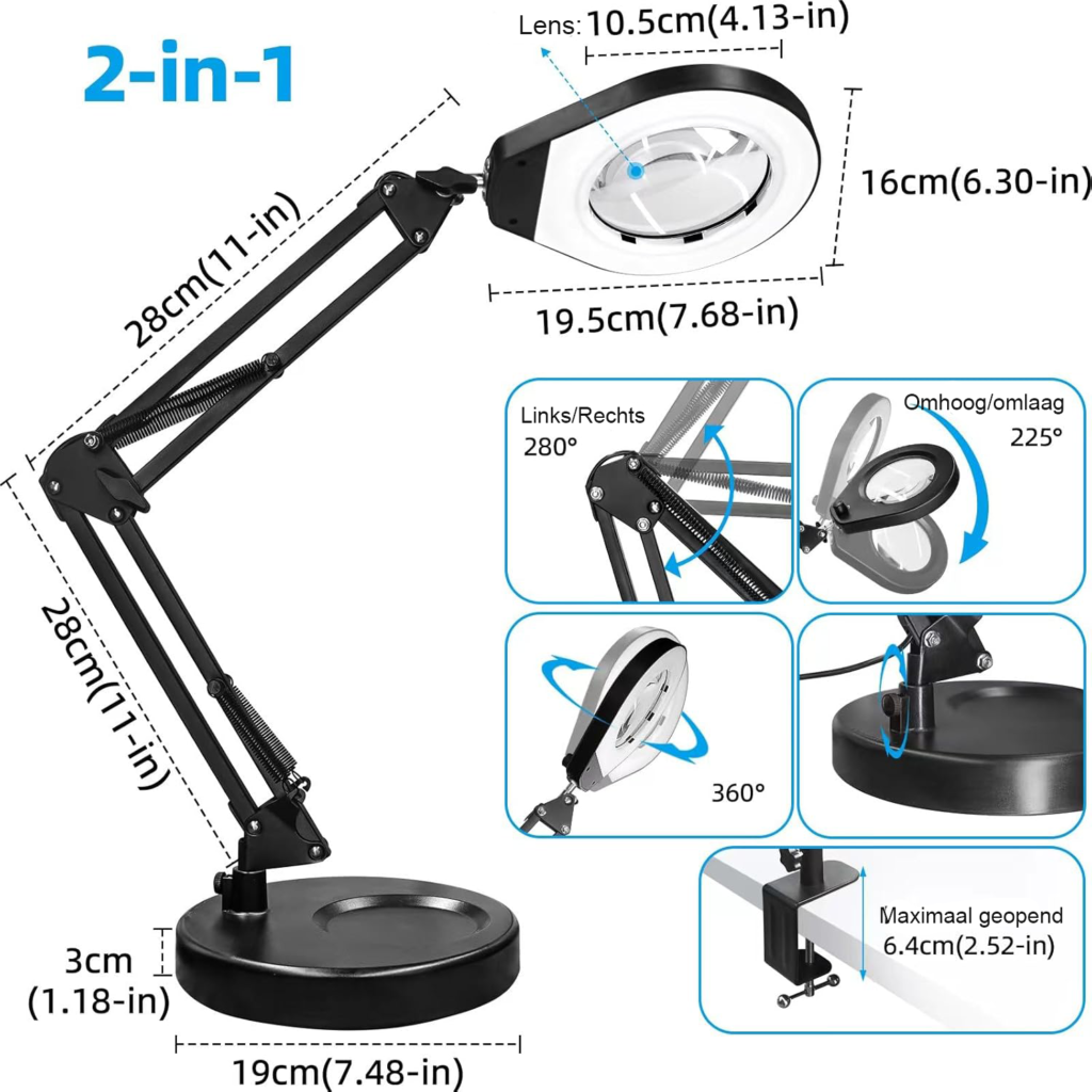 LED vergrootglaslamp met standaard en klem, dimbaar in 5 lichtkleuren