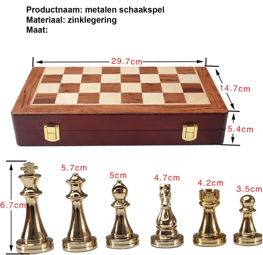 Houten schaakset met metalen schaakstukken in middeleeuwse stijl, vouwbaar schaakbord met opbergdoos