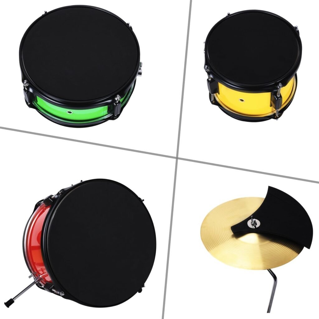 Kindertrommelset rood geel groen met snare, tom, bassdrum, bekken, pedaal, drumkruk en drumstokken