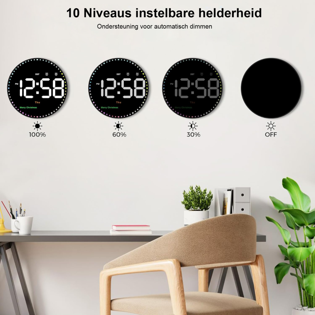 Digitale wandklok 10 inch met kleurrijke LED-verlichting, datum, dag, temperatuur, afteltimer, 2 alarmen en afstandsbediening