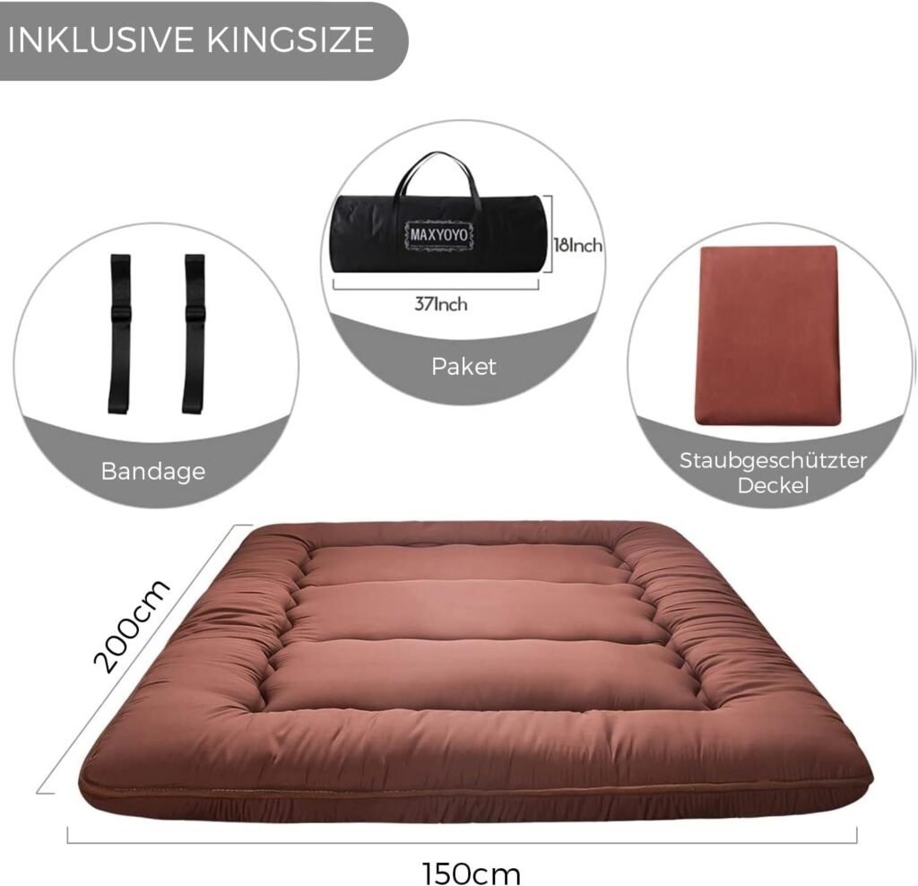 Japanse futon matras king size in koffiekleur, extra dikke gequilte opvouwbare slaapmat met ademend kussen voor logeerbed, lounge en camping