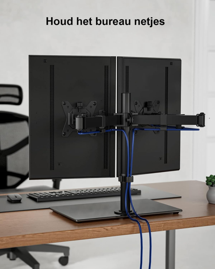 Verstelbare dubbele monitorarm voor 2 schermen - zwarte ergonomische bureau beugel, draaibaar en kantelbaar