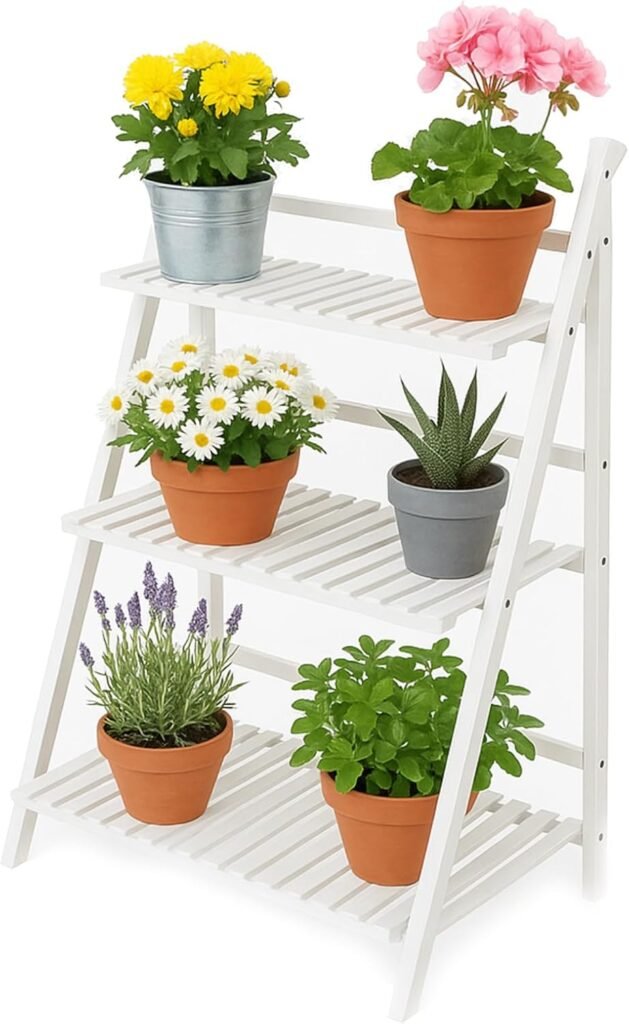 Vouwbaar plantenrek met 3 niveaus van bamboe, wit, 70 x 40 x 96 cm