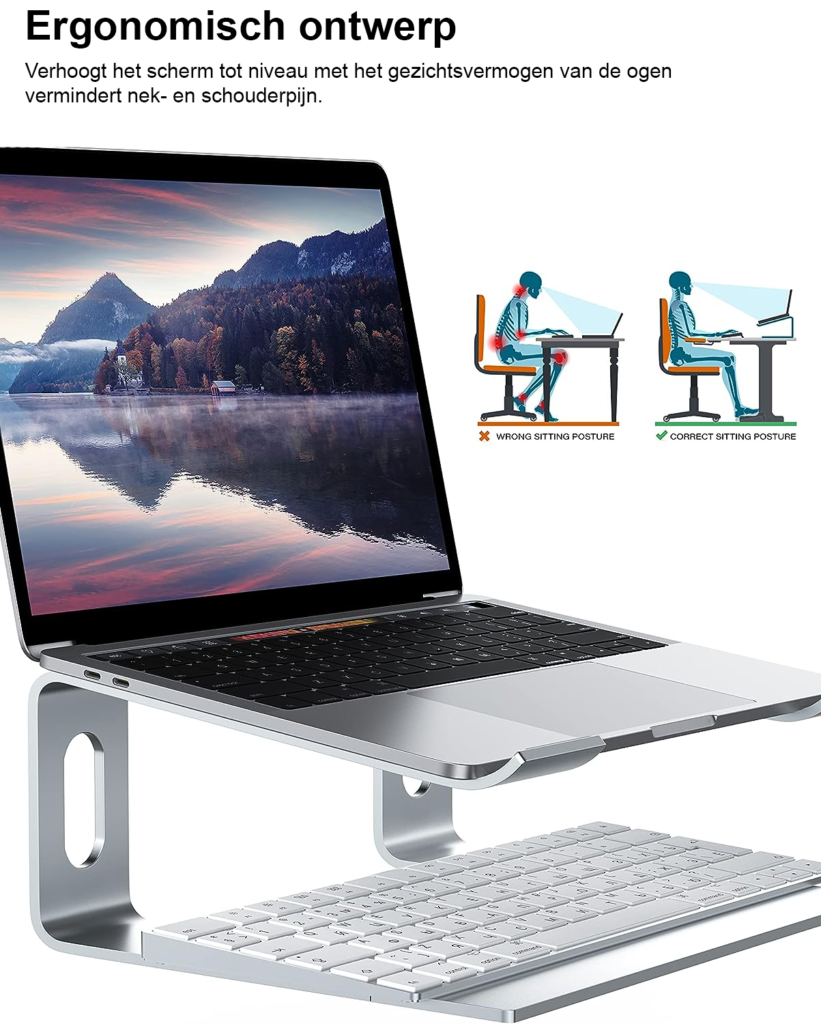 Ergonomische laptopstandaard van aluminium voor bureau, geschikt voor laptops van 10 tot 15,6 inch, zilver