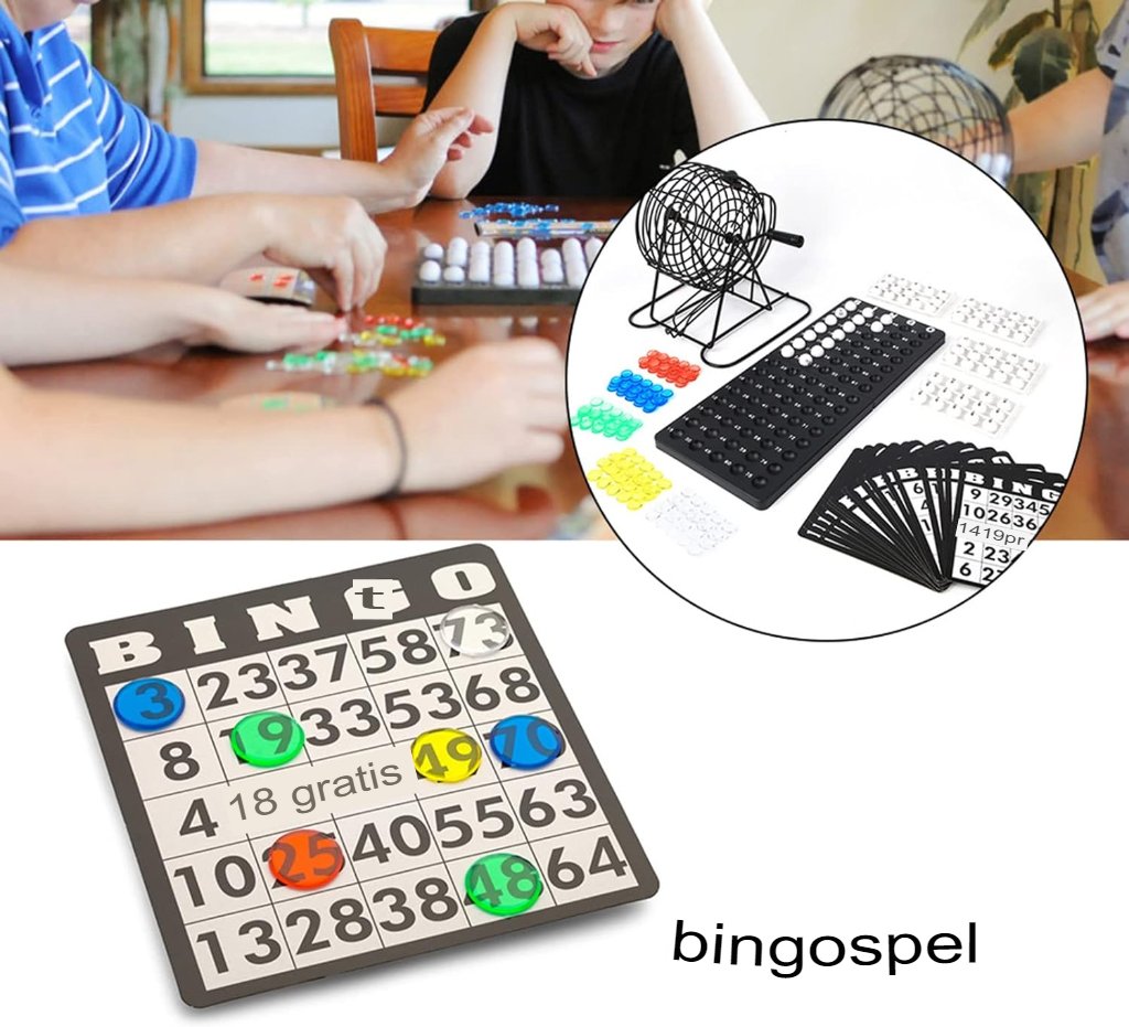 Traditioneel bingo spel met bingoballen, bingo plank en accessoires voor thuisgebruik