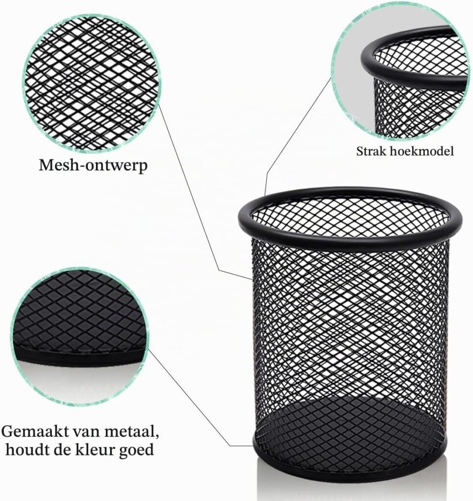 Zwarte metalen mesh pennenhouder set van 2 voor pennen, potloden en kantoorbenodigdheden