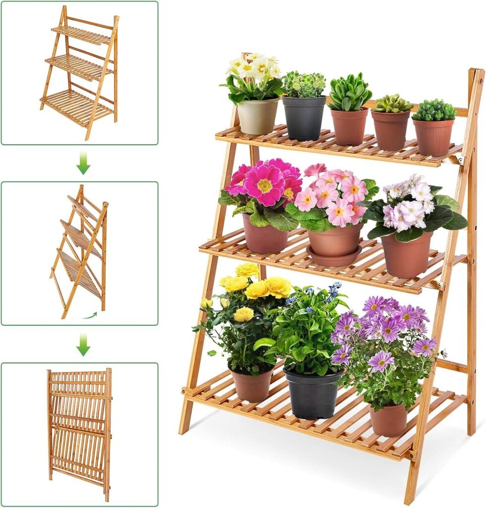 3-laags bamboe plantenrek in houtkleur, vouwbare bloemenladder voor binnen, balkon, woonkamer en tuin, 70 x 40 x 96 cm