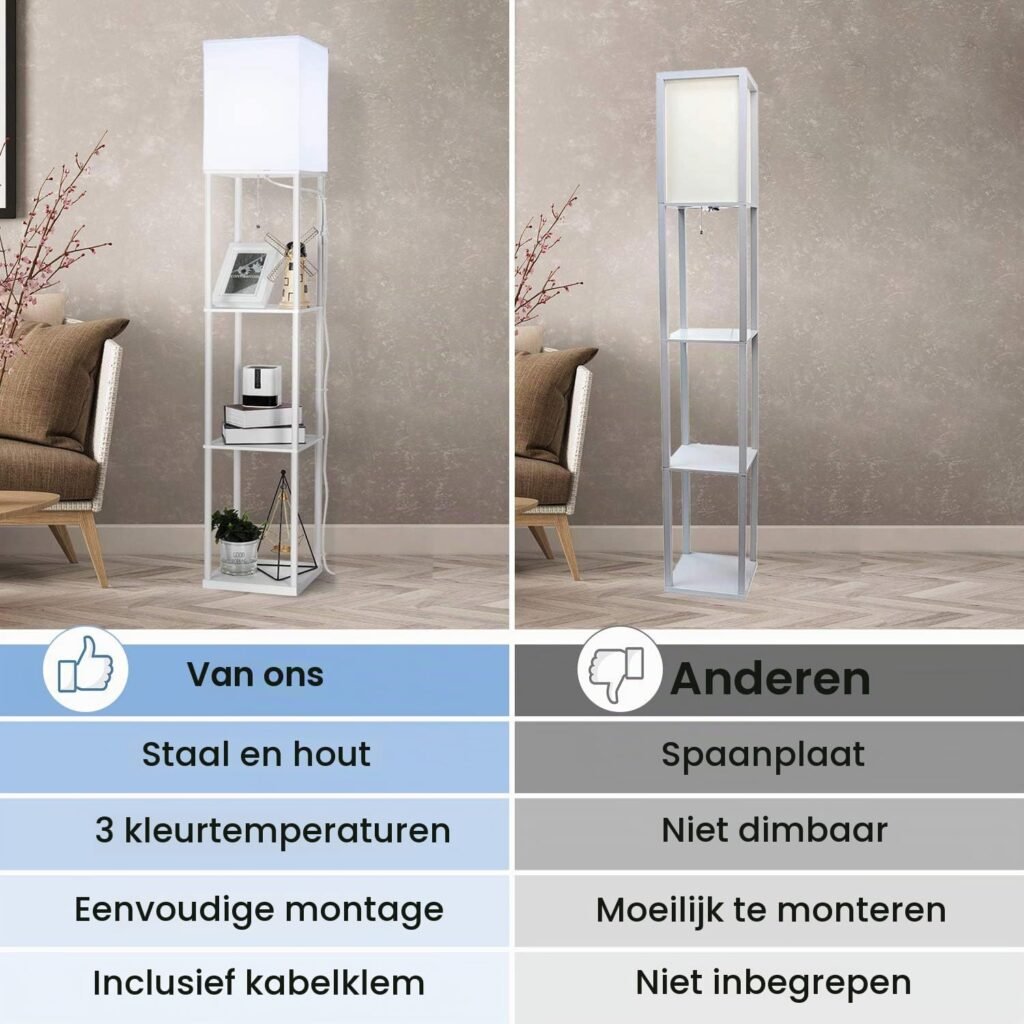 Witte dimbare LED vloerlamp met houten plank, 3 kleurtemperaturen en 9W LED voor woonkamer, slaapkamer of kantoor