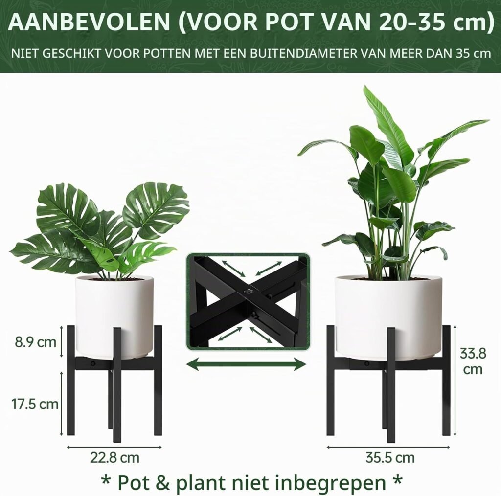 Zwarte metalen plantenstandaard in mid-century stijl voor bloempot van 20,5 cm, geschikt voor binnen en buiten