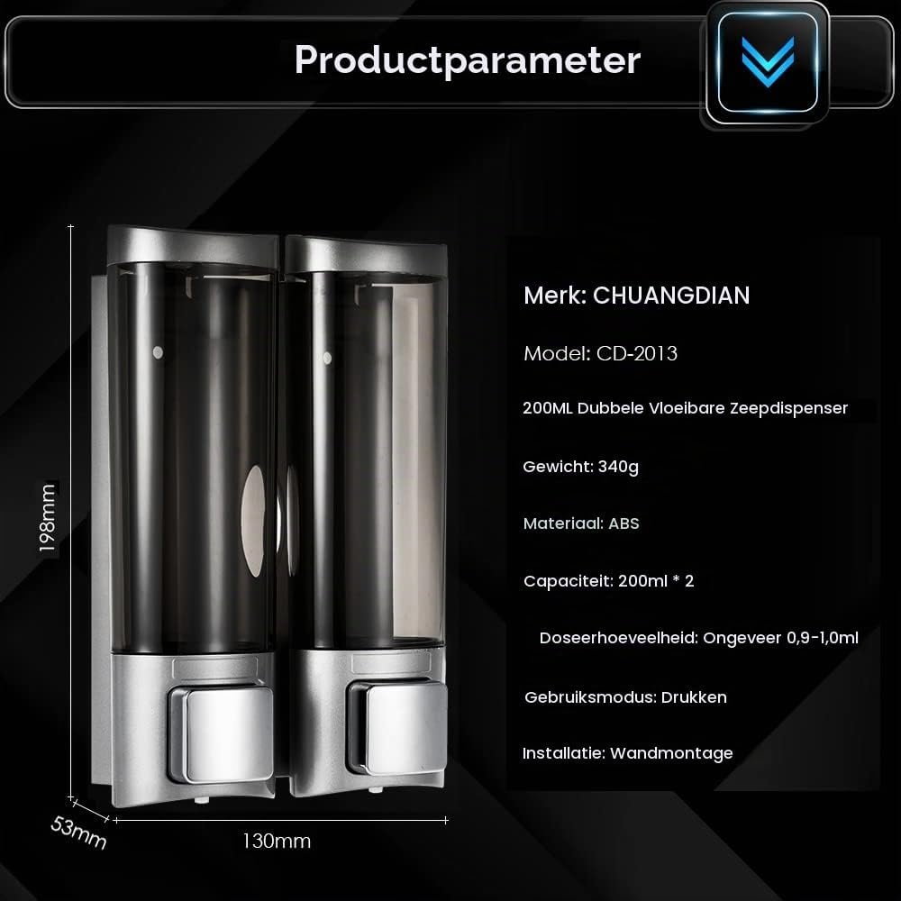 Dubbele zeepdispenser voor wandmontage met 2 reservoirs van 200 ml voor shampoo, zeep en douchegel