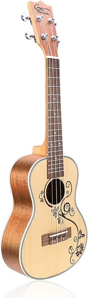 Concert ukelele 23 inch van sparren- en mahoniehout met bloemen gravure en accessoires voor beginners