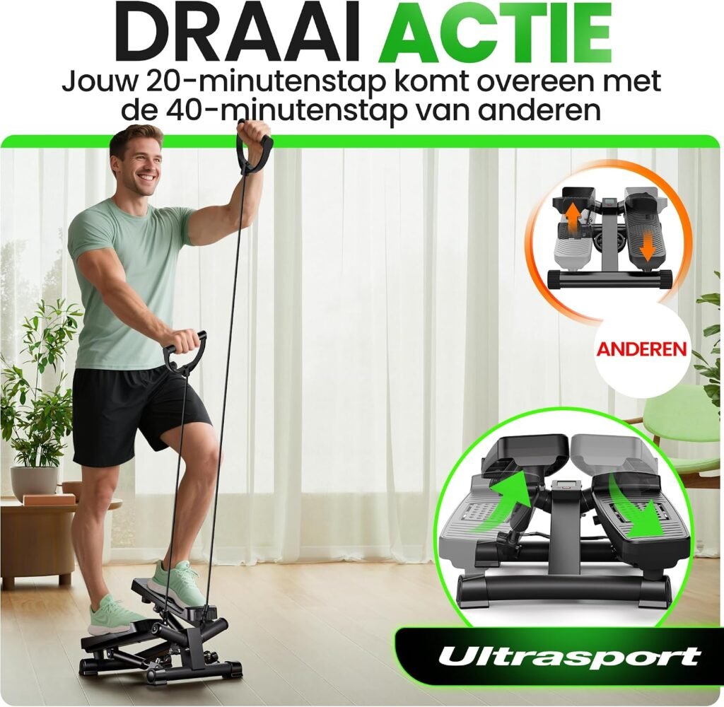 Mini stepper met instelbare weerstand, trainingsbanden en trainingscomputer voor compacte cardiotraining thuis