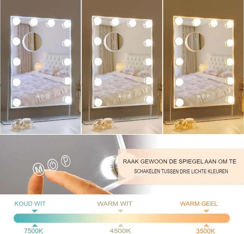 Verlichte make-upspiegel met 12 dimbare LED-lampen, 10x vergroting en touchbediening, wit 30 x 41 cm