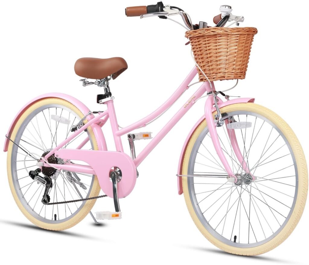 Meisjesfiets 24 inch met 6 versnellingen, rieten mand, Shimano derailleur en zijstandaard – comfortabele cruiser stadsfiets voor meisjes