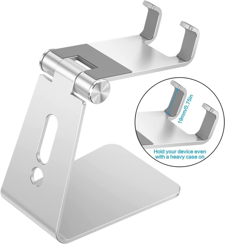 Verstelbare aluminium telefoonstandaard voor smartphone en tablet op bureau, ergonomisch design voor handsfree gebruik