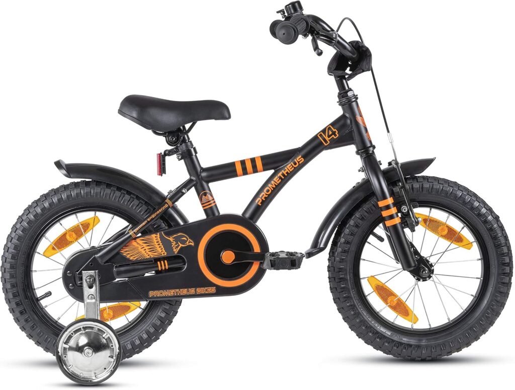 Kinderfiets 14 inch zwart mat met oranje accenten, zijwieltjes, terugtraprem en verstelbaar zadel en stuur