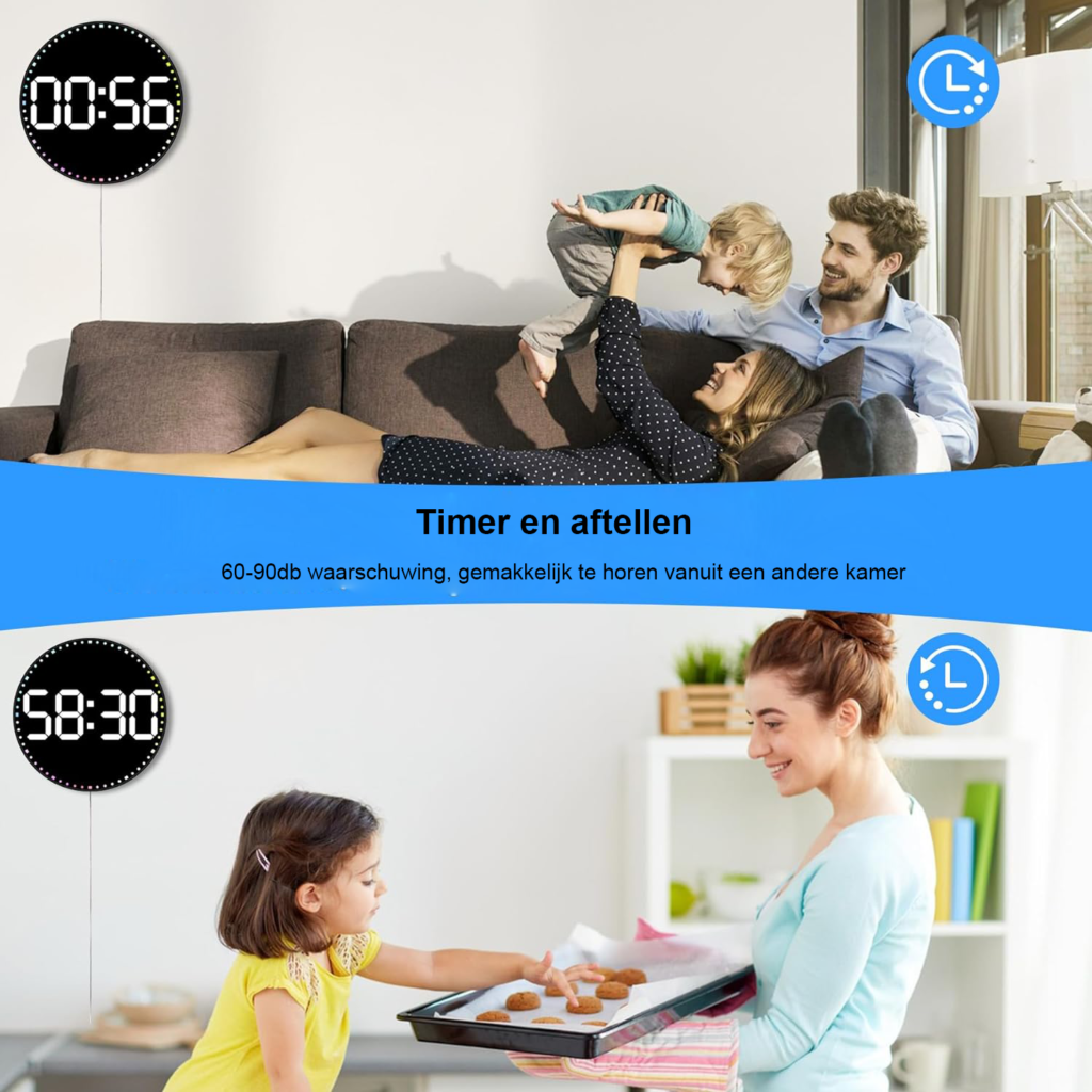 Digitale wandklok 10 inch met kleurrijke LED-verlichting, datum, dag, temperatuur, afteltimer, 2 alarmen en afstandsbediening