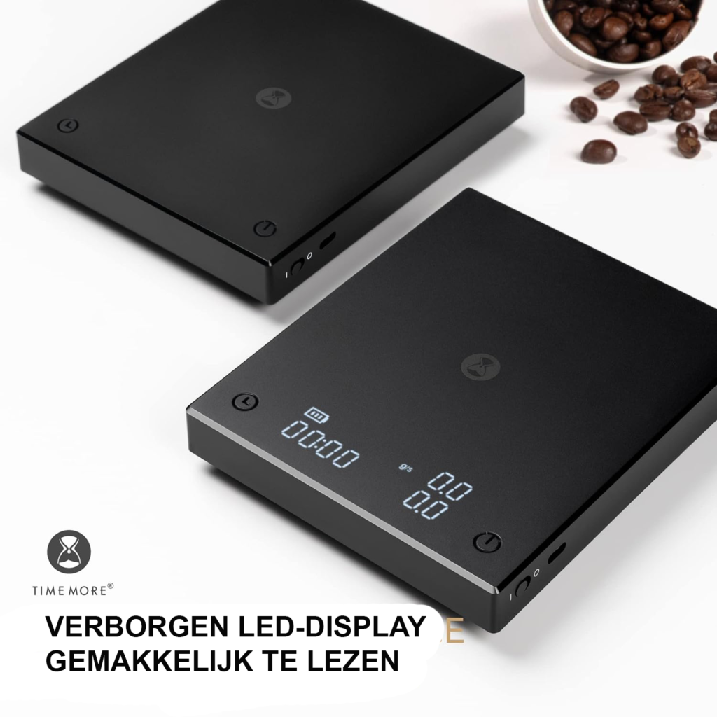 Digitale koffieweegschaal met timer, 0,1 g nauwkeurigheid, flowmeting en capaciteit tot 2000 g in zwart