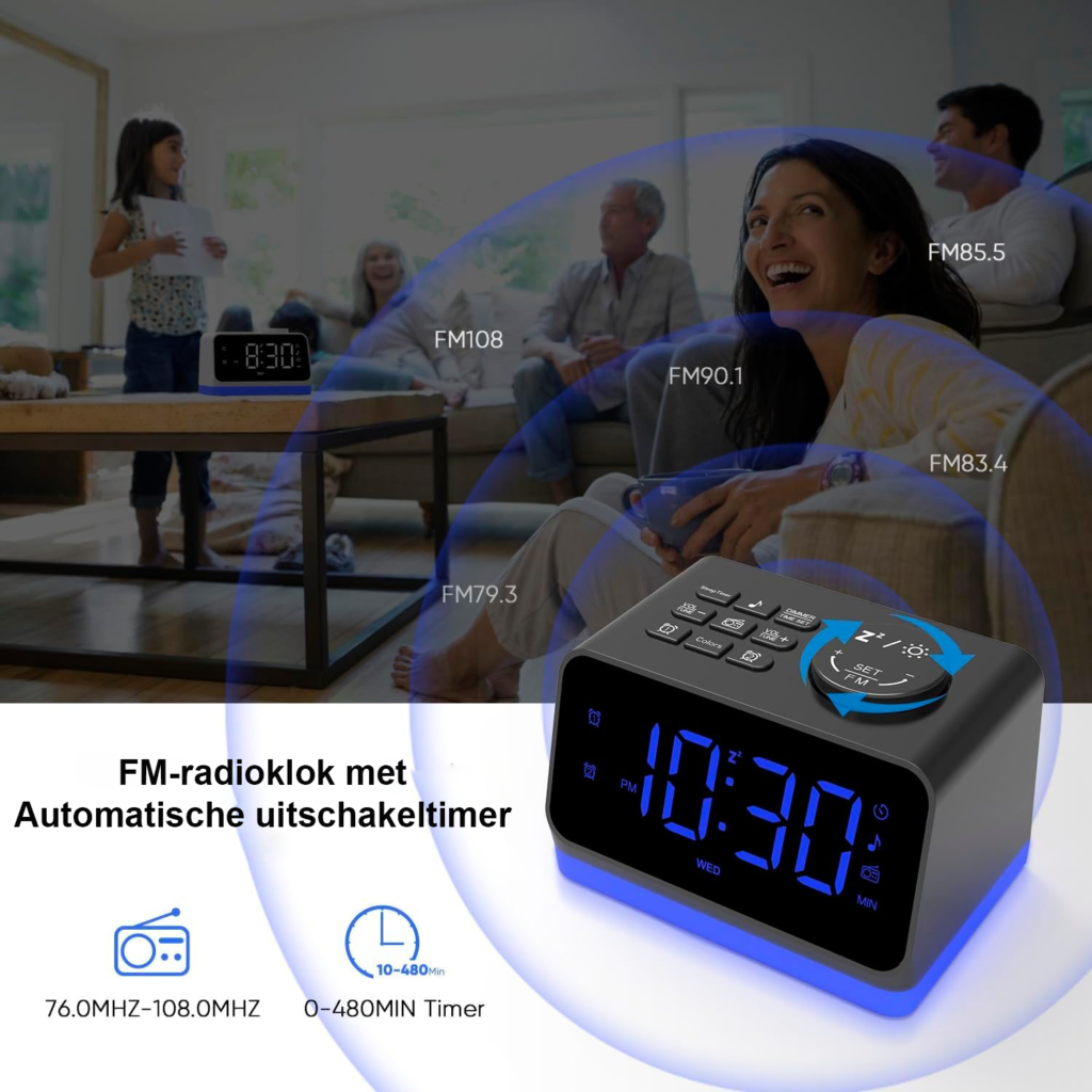 Digitale Wekker Dubbel Alarm + FM-radio LED-display met 8 kleuren 2 USB-oplaadpoorten