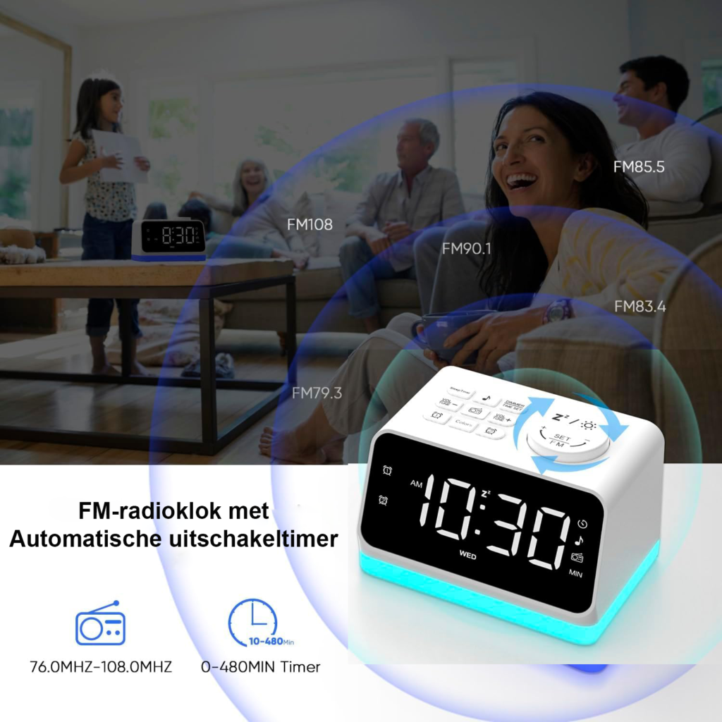 Digitale witte wekker met dubbele alarmfunctie, FM-radio, kleurrijk LED-display, 2 USB-oplaadpoorten en nachtlampje met 8 kleuren