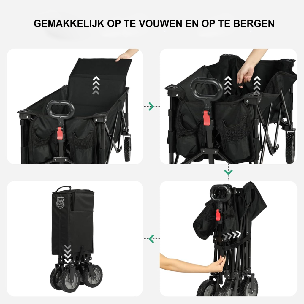 Opvouwbare strandkar XXL met zijvak, bekerhouder en verstelbare handgreep, draagvermogen 100 kg