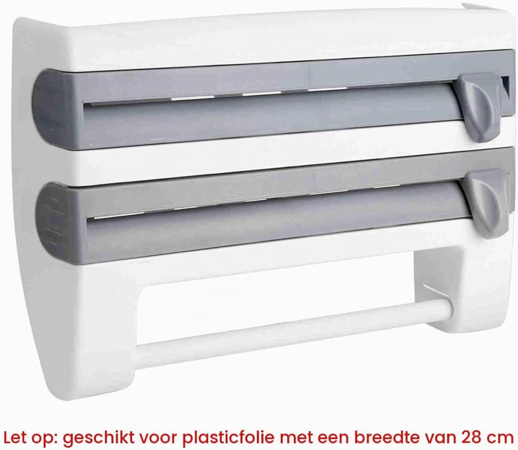 Wandhouder voor plasticfolie en keukenrol met snijbladen en opbergruimte, grijs-wit, 39 x 10 x 24 cm