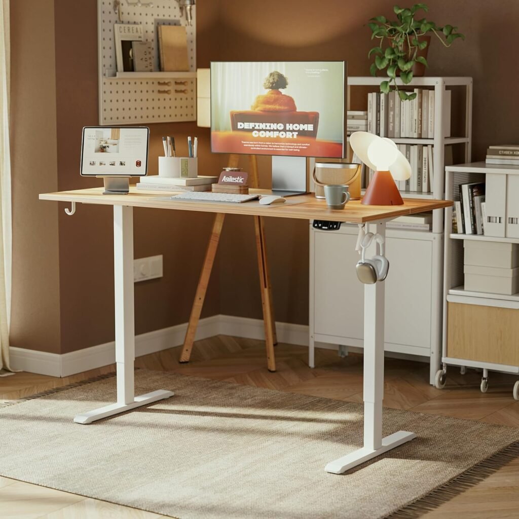Elektrisch verstelbaar sta bureau 120 x 60 cm in lichtbruin met geheugenfunctie en anticollisiesysteem