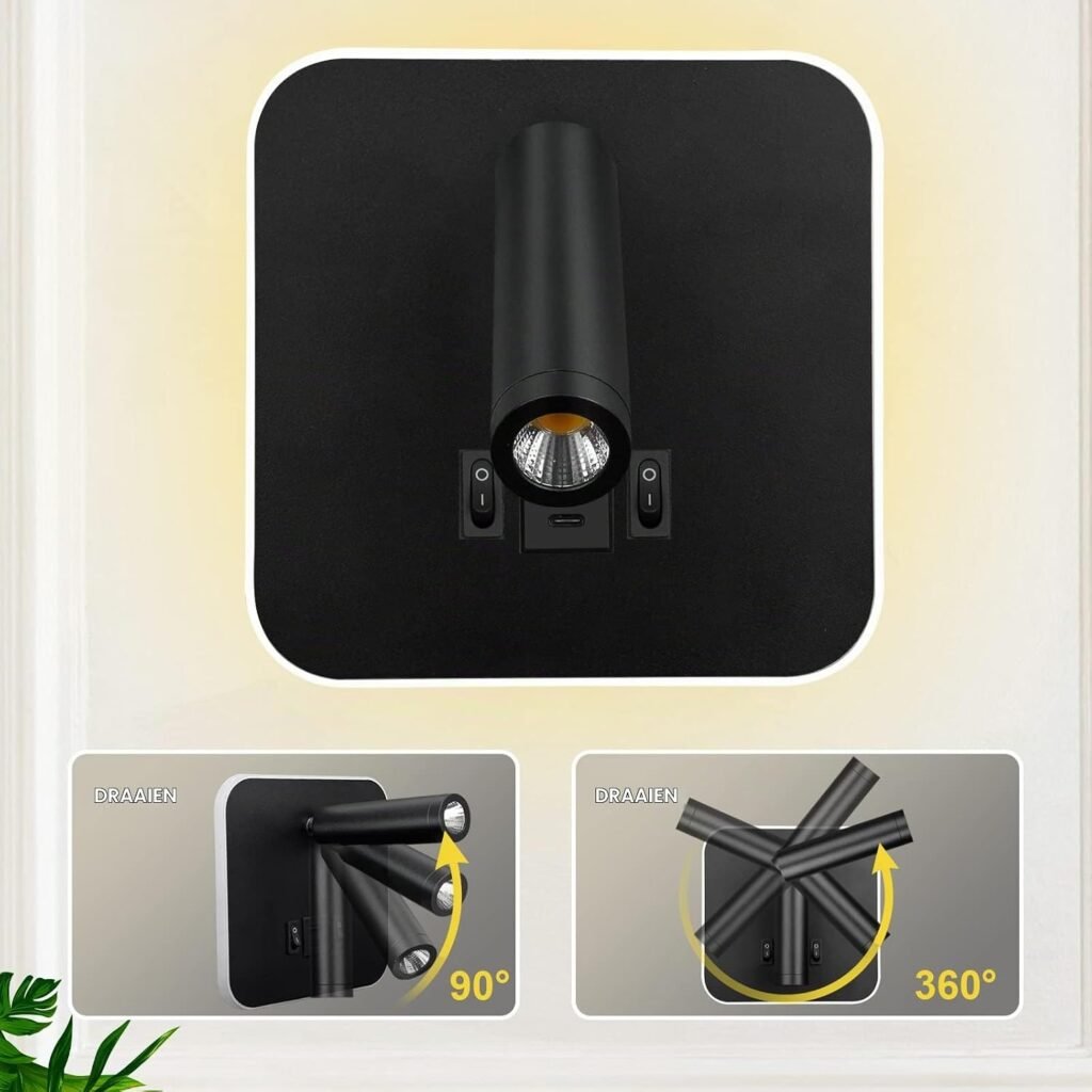 LED leeslamp wandlamp met USB Type-C, dubbele oplaadpoort, 12W LED en verstelbare 3000K spotlight, zwart vierkant aluminium