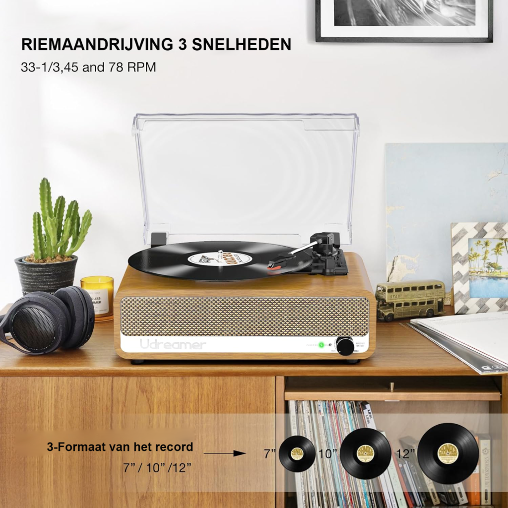 Gouden Bluetooth platenspeler met ingebouwde speakers, Bluetooth 5.3, USB, AUX en 3 snelheden