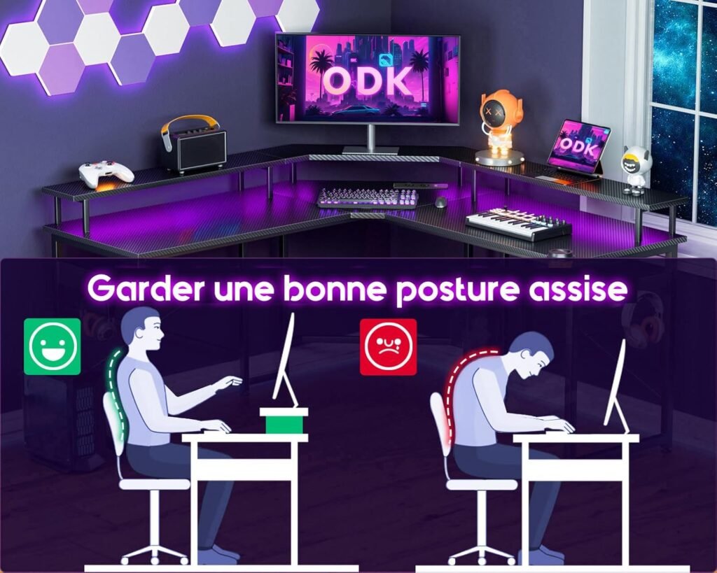 Zwart gaming bureau met LED-verlichting, monitorplank, 2 stopcontacten en 2 USB-oplaadpoorten van 129 x 129 cm